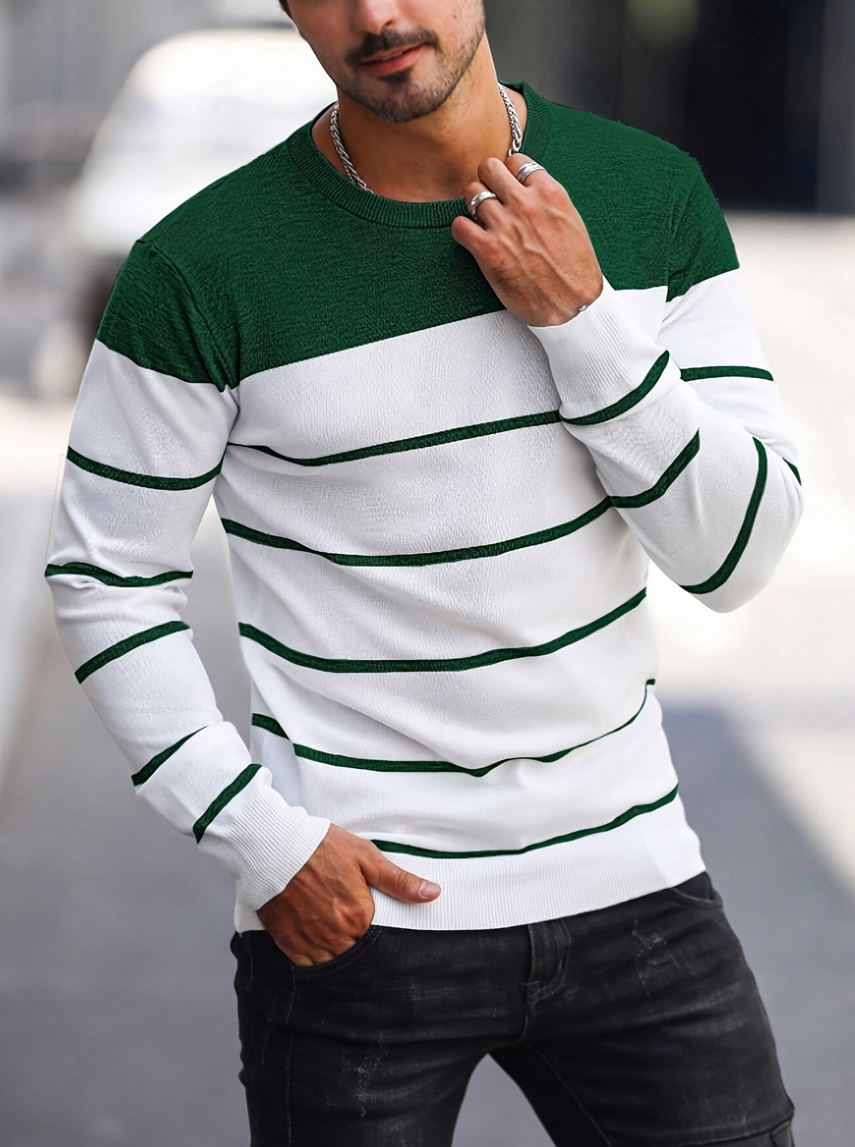 Men's Colour-Block Striped Pullover Sweater Long-Sleeve Casual Everyday