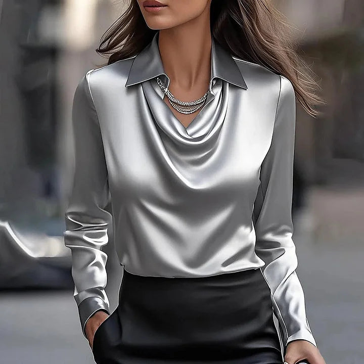 Women's Elegant Shiny Blouse V-Neck Long Sleeve Stylish Casual Evening