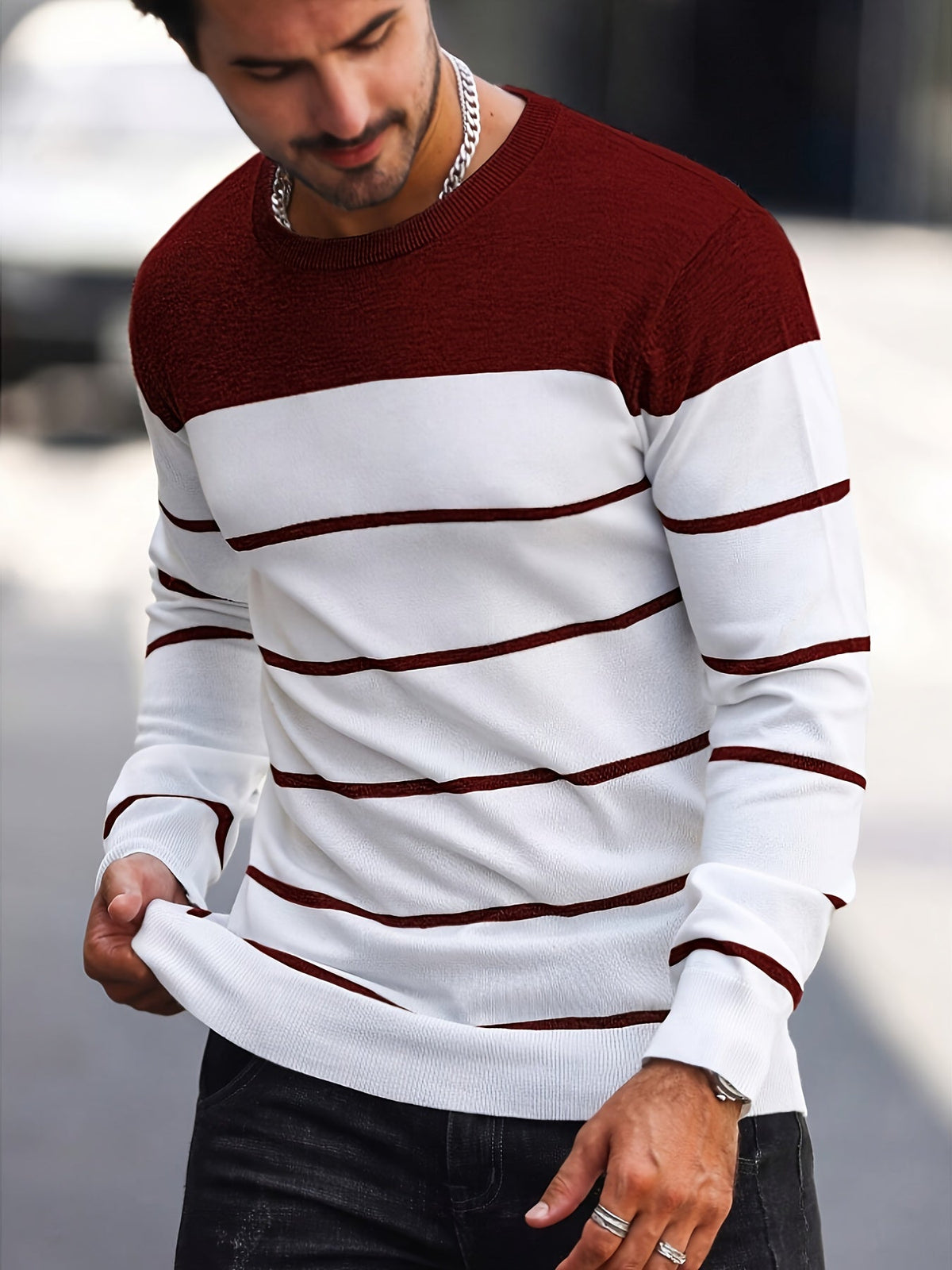 Men's Colour-Block Striped Pullover Sweater Long-Sleeve Casual Everyday