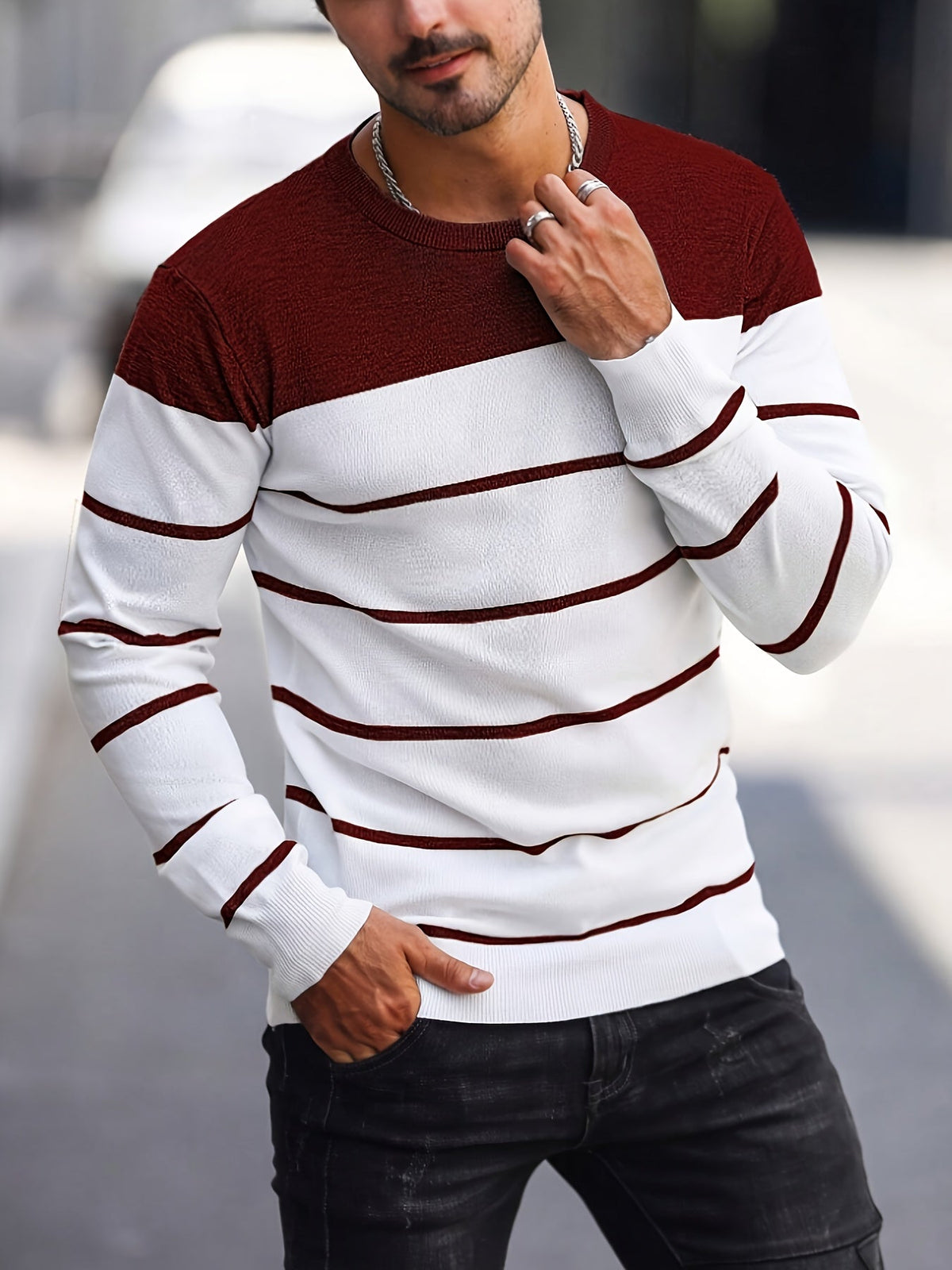 Men's Colour-Block Striped Pullover Sweater Long-Sleeve Casual Everyday