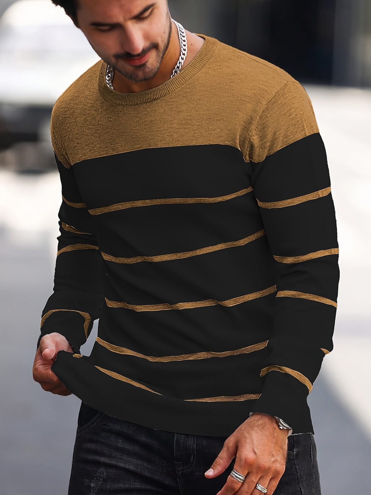 Men's Colour-Block Striped Pullover Sweater Long-Sleeve Casual Everyday