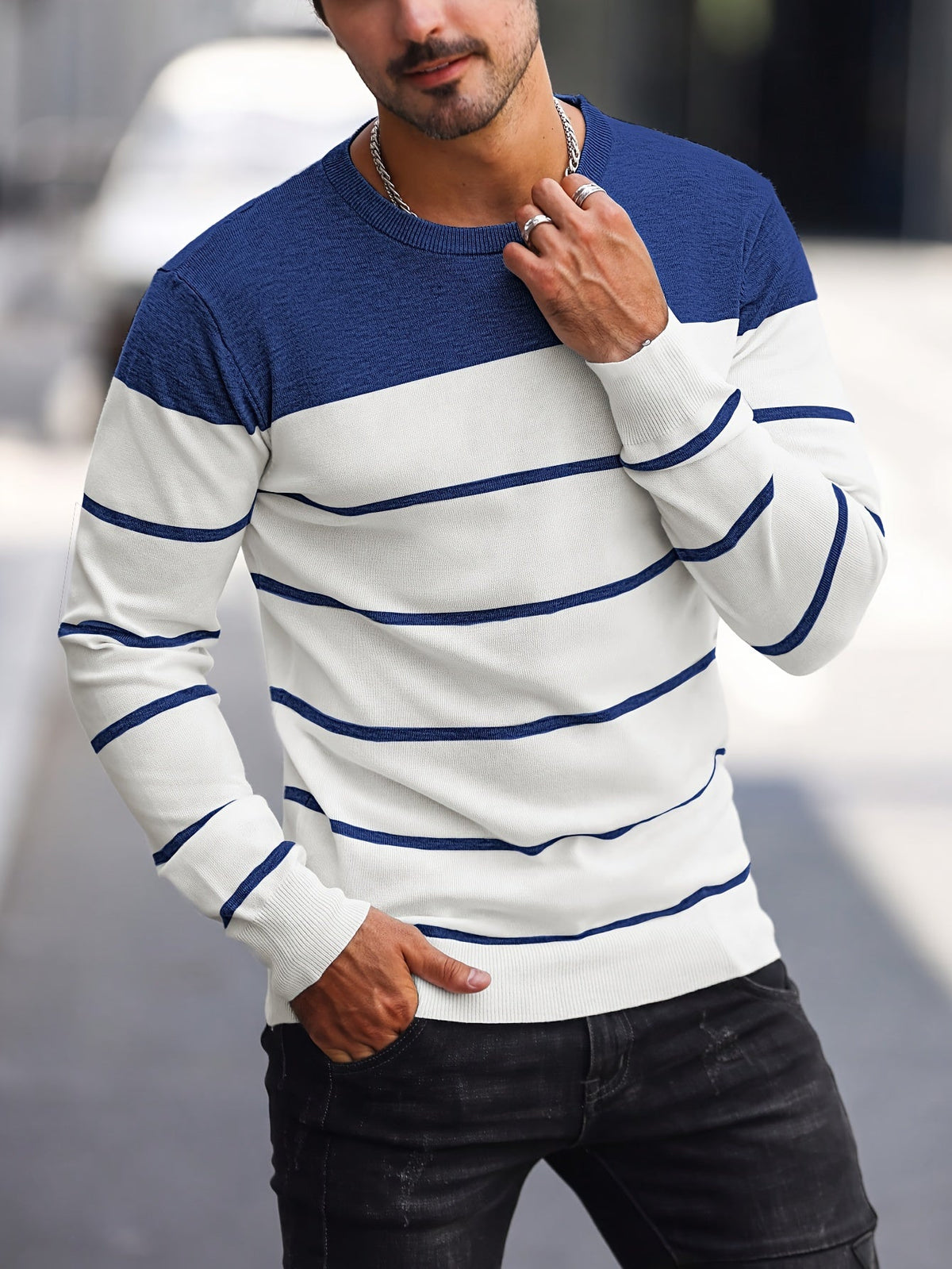 Men's Colour-Block Striped Pullover Sweater Long-Sleeve Casual Everyday