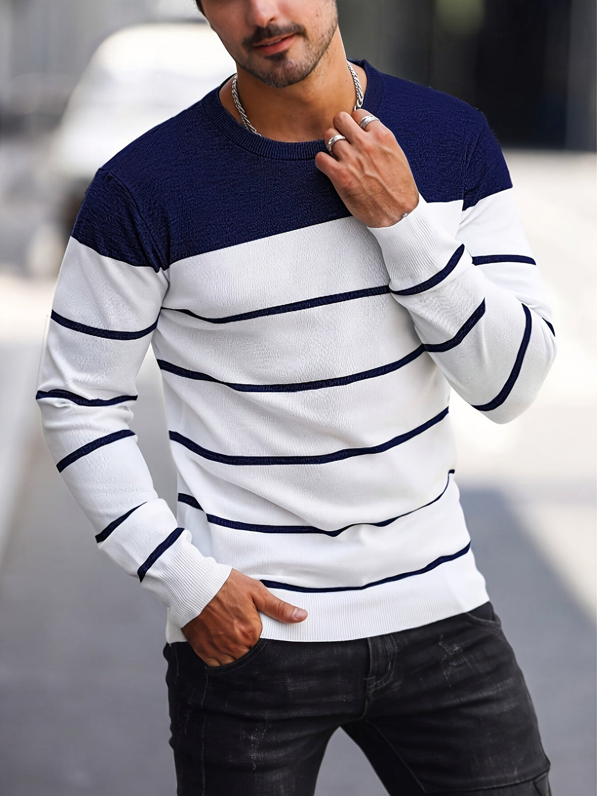 Men's Colour-Block Striped Pullover Sweater Long-Sleeve Casual Everyday
