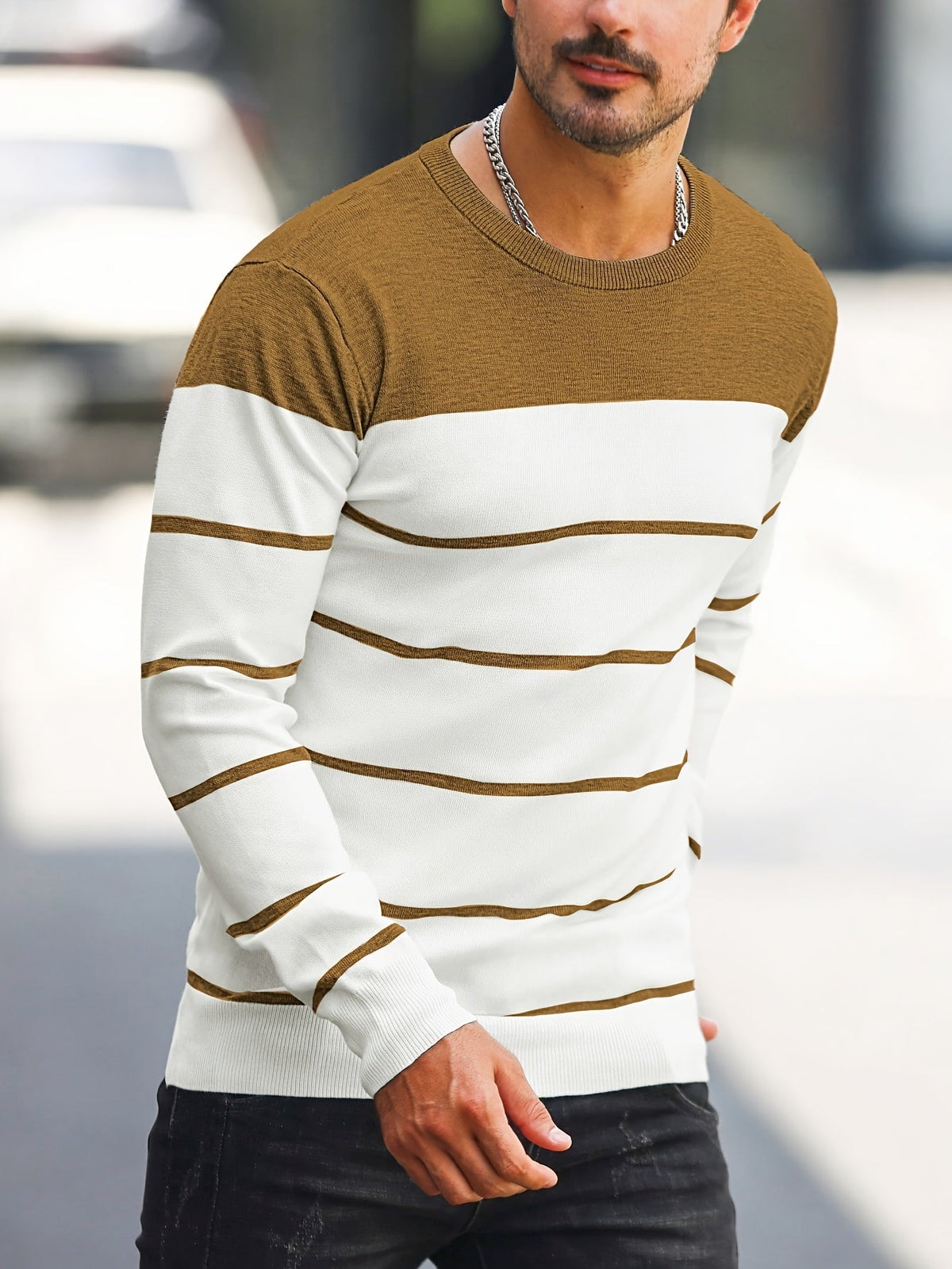 Men's Colour-Block Striped Pullover Sweater Long-Sleeve Casual Everyday