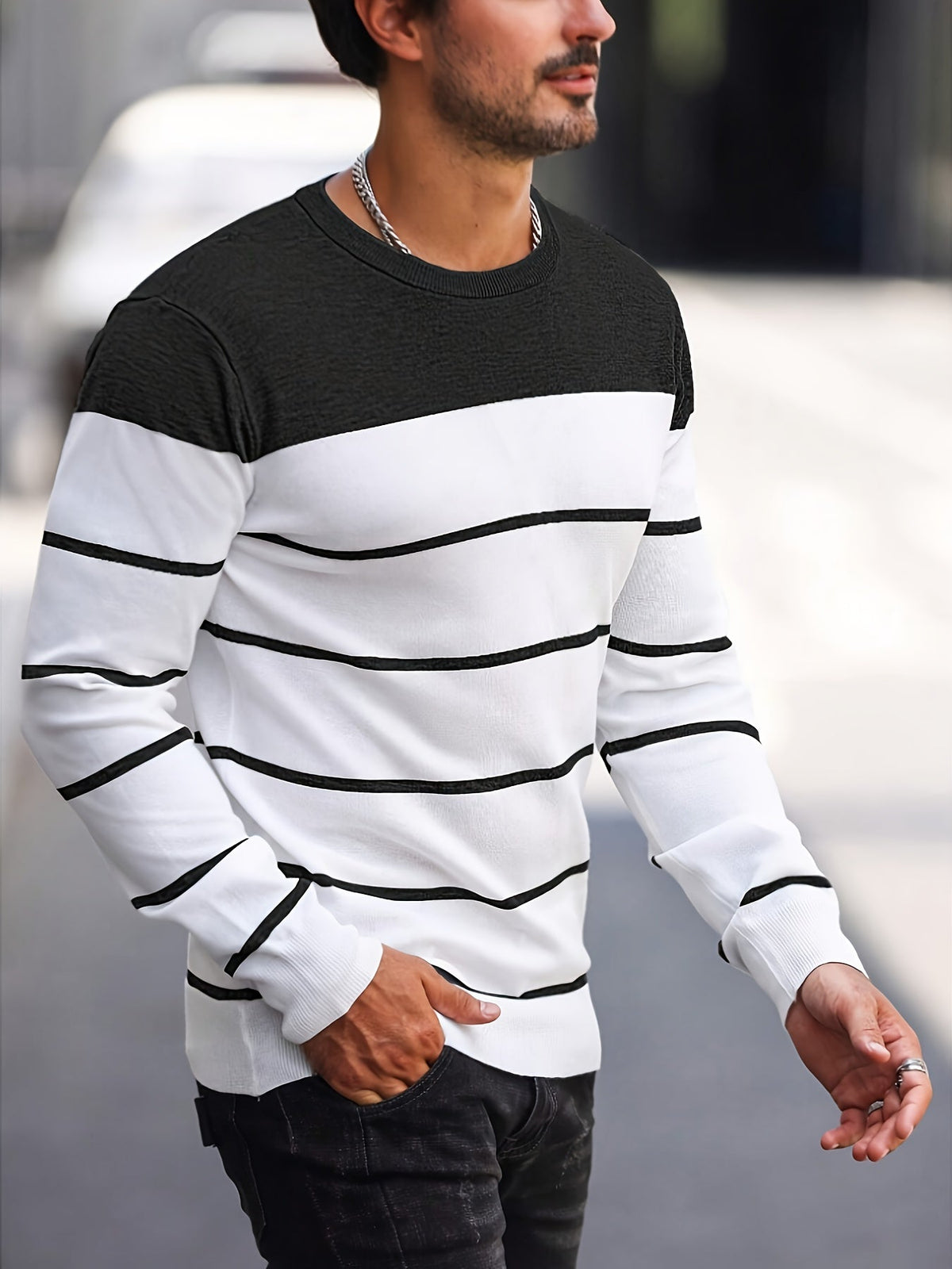 Men's Colour-Block Striped Pullover Sweater Long-Sleeve Casual Everyday