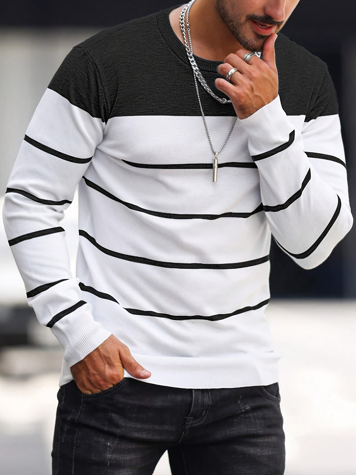 Men's Colour-Block Striped Pullover Sweater Long-Sleeve Casual Everyday