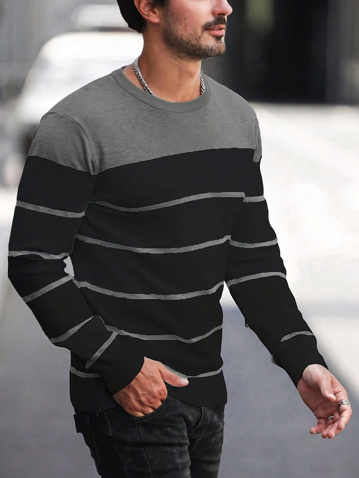 Men's Colour-Block Striped Pullover Sweater Long-Sleeve Casual Everyday
