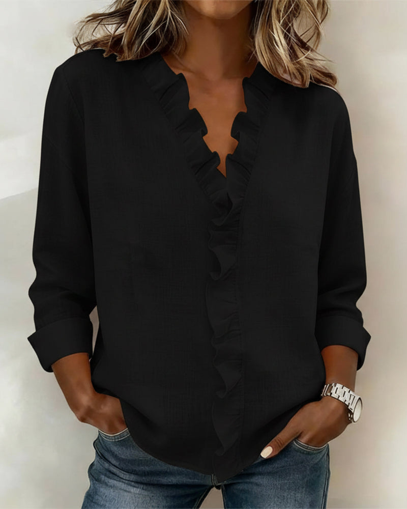 Women's Ruffle V-Neck Blouse Long Sleeve Elegant Spring Style Top
