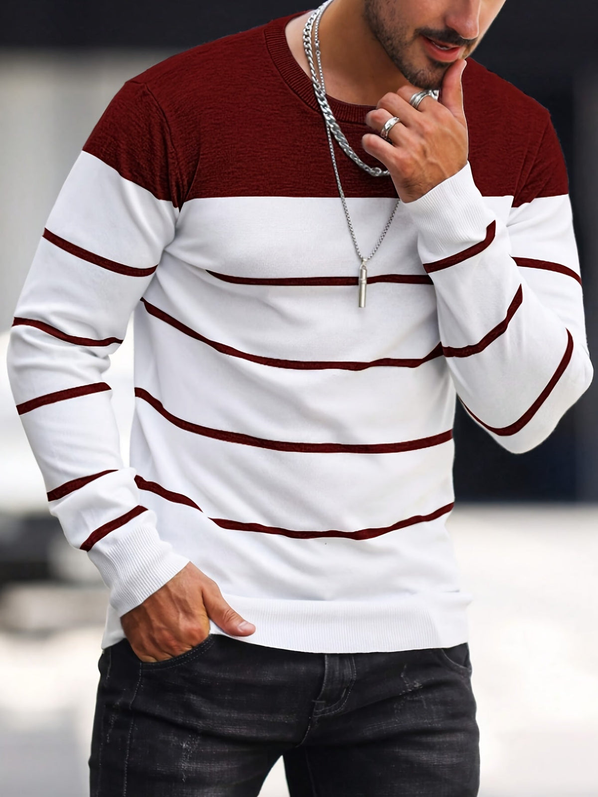 Men's Colour-Block Striped Pullover Sweater Long-Sleeve Casual Everyday