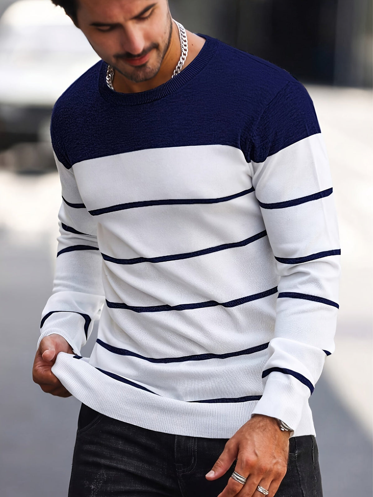 Men's Colour-Block Striped Pullover Sweater Long-Sleeve Casual Everyday