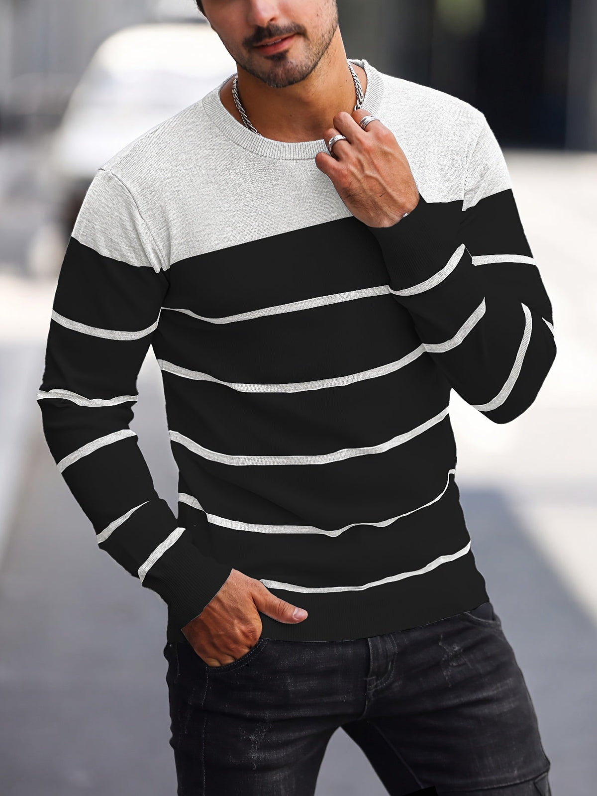 Men's Colour-Block Striped Pullover Sweater Long-Sleeve Casual Everyday
