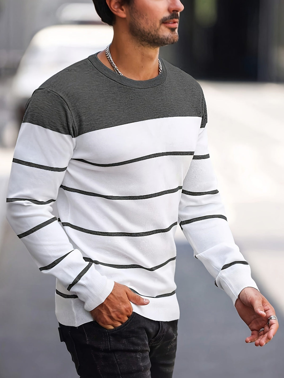 Men's Colour-Block Striped Pullover Sweater Long-Sleeve Casual Everyday