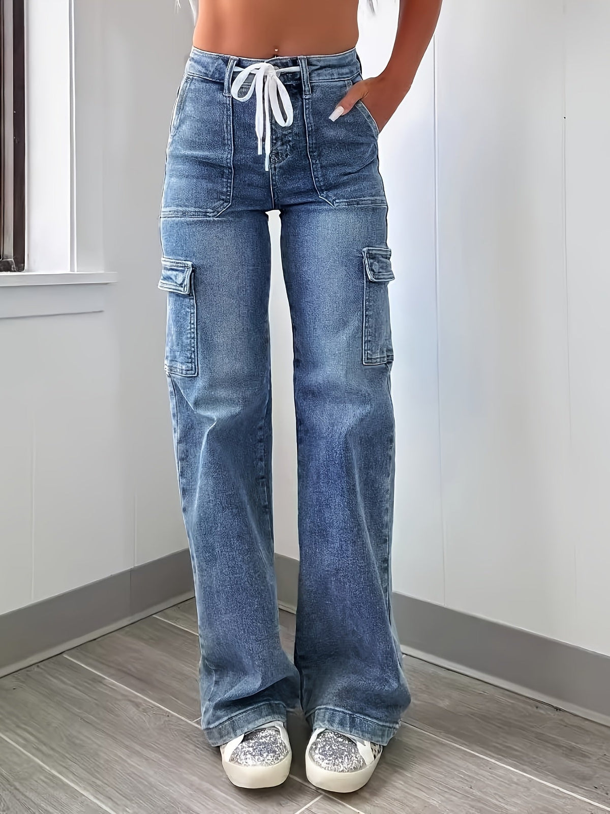 Women's High-Waist Cargo Jeans Drawstring Relaxed Fit Casual Everyday