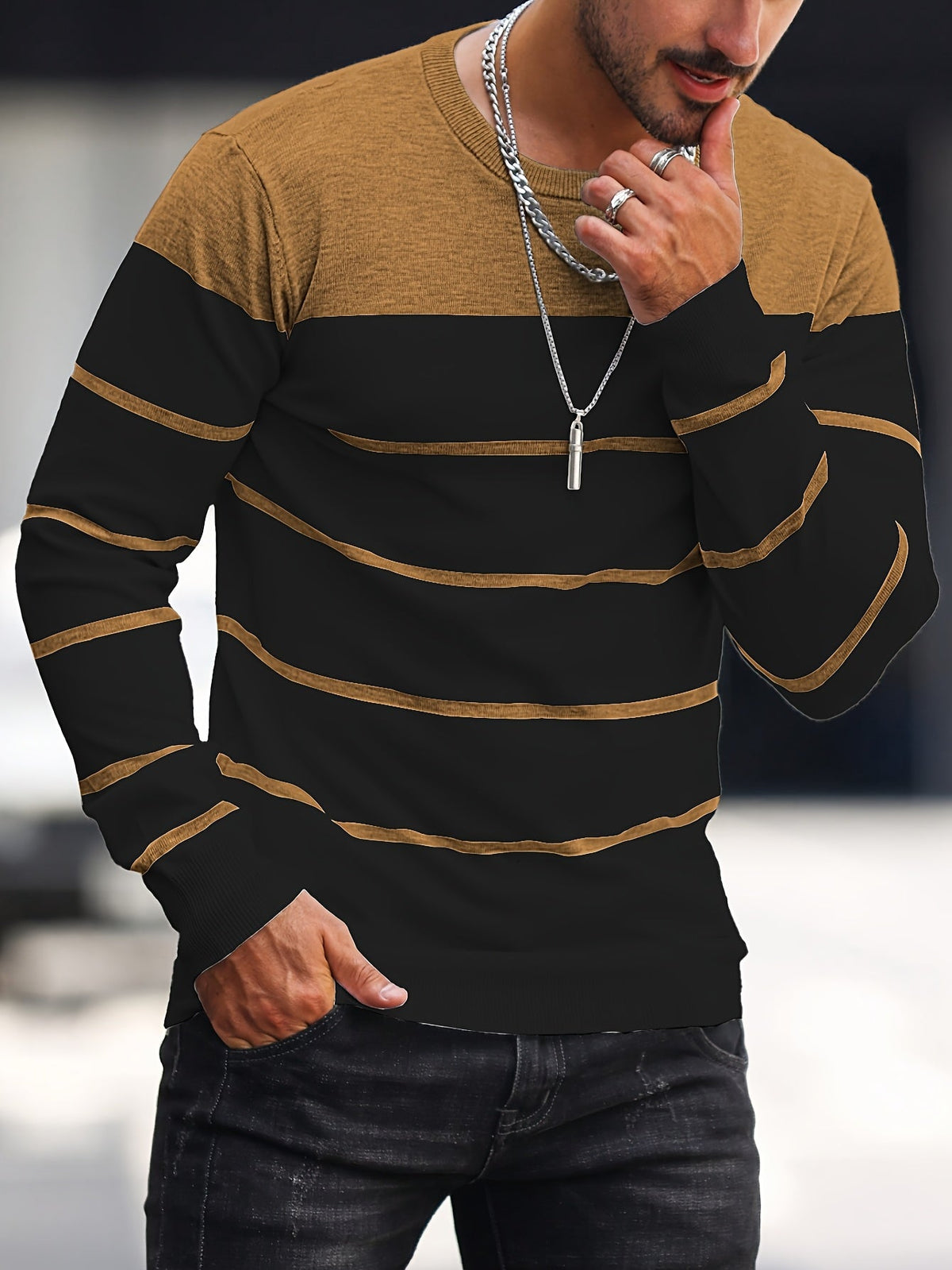 Men's Colour-Block Striped Pullover Sweater Long-Sleeve Casual Everyday