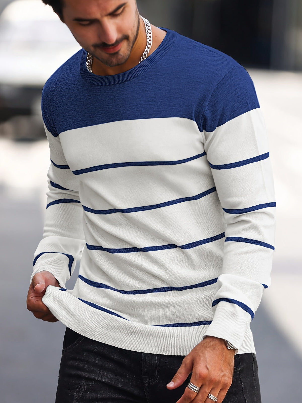 Men's Colour-Block Striped Pullover Sweater Long-Sleeve Casual Everyday