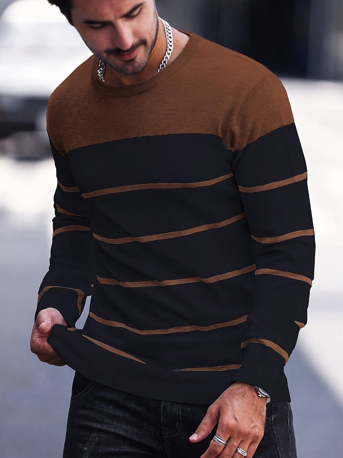 Men's Colour-Block Striped Pullover Sweater Long-Sleeve Casual Everyday