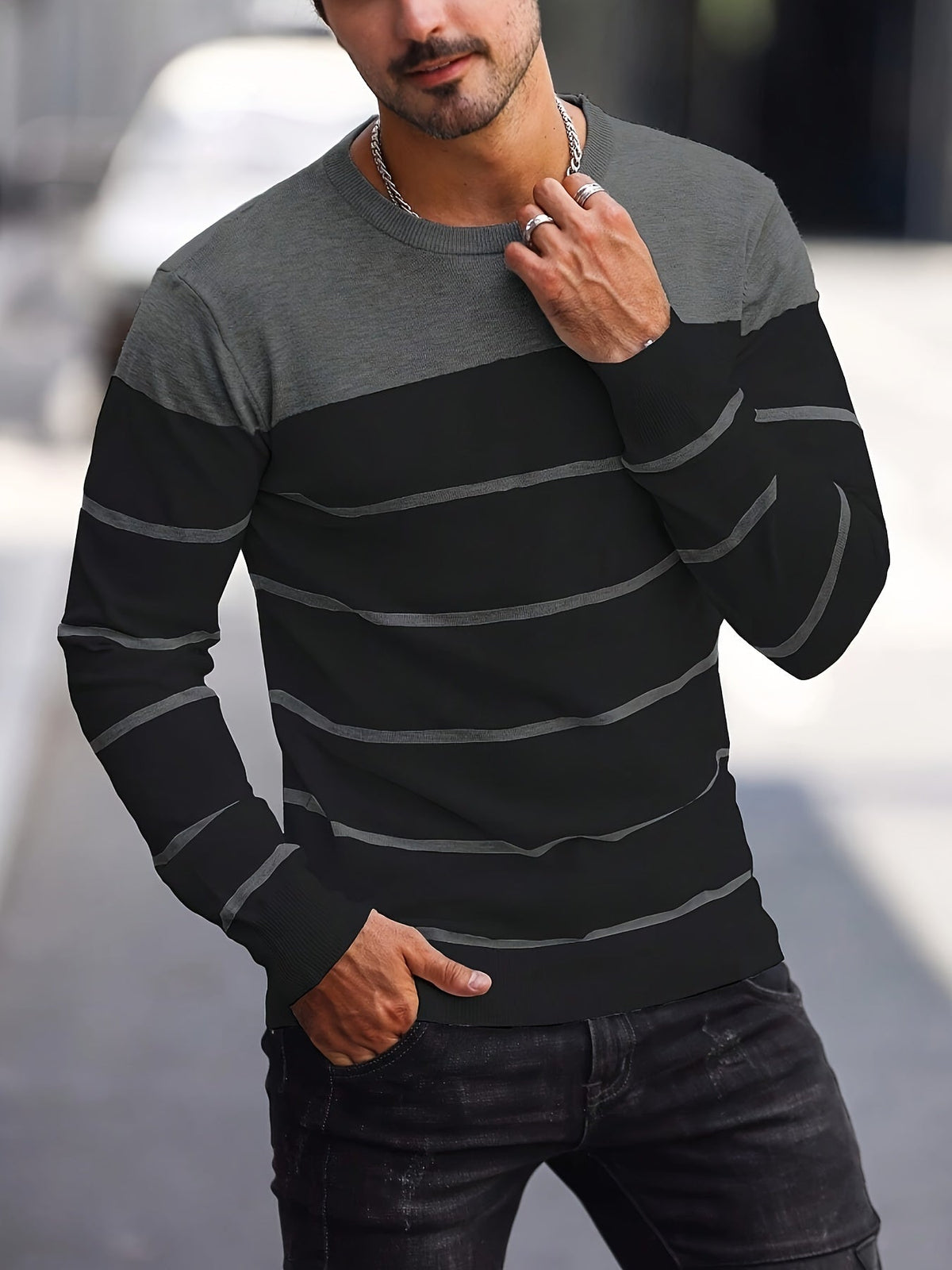 Men's Colour-Block Striped Pullover Sweater Long-Sleeve Casual Everyday