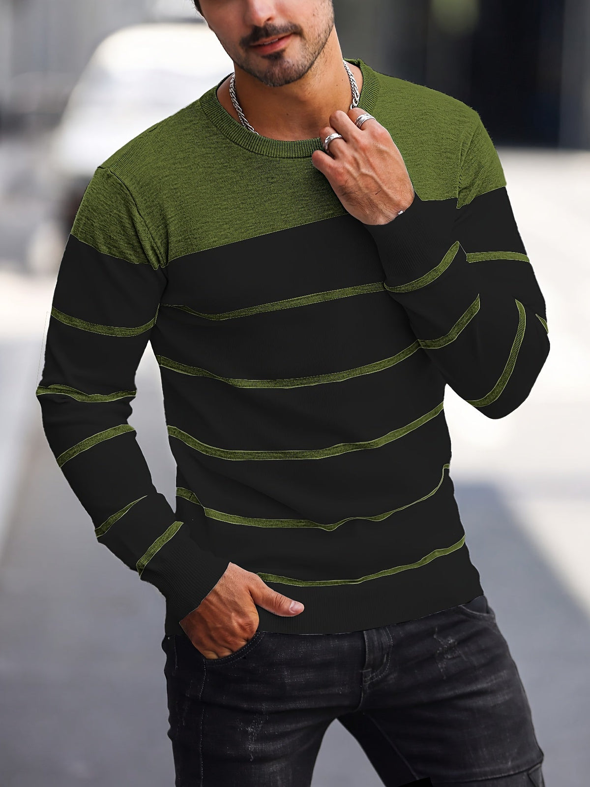 Men's Colour-Block Striped Pullover Sweater Long-Sleeve Casual Everyday