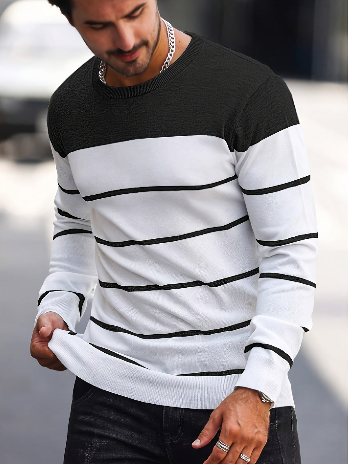 Men's Colour-Block Striped Pullover Sweater Long-Sleeve Casual Everyday