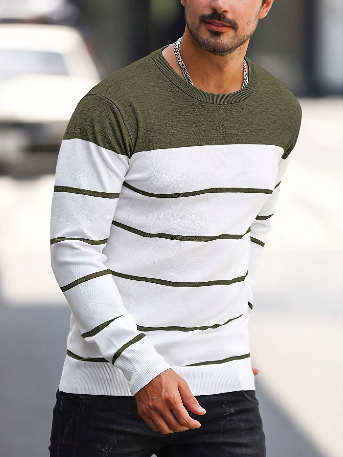 Men's Colour-Block Striped Pullover Sweater Long-Sleeve Casual Everyday