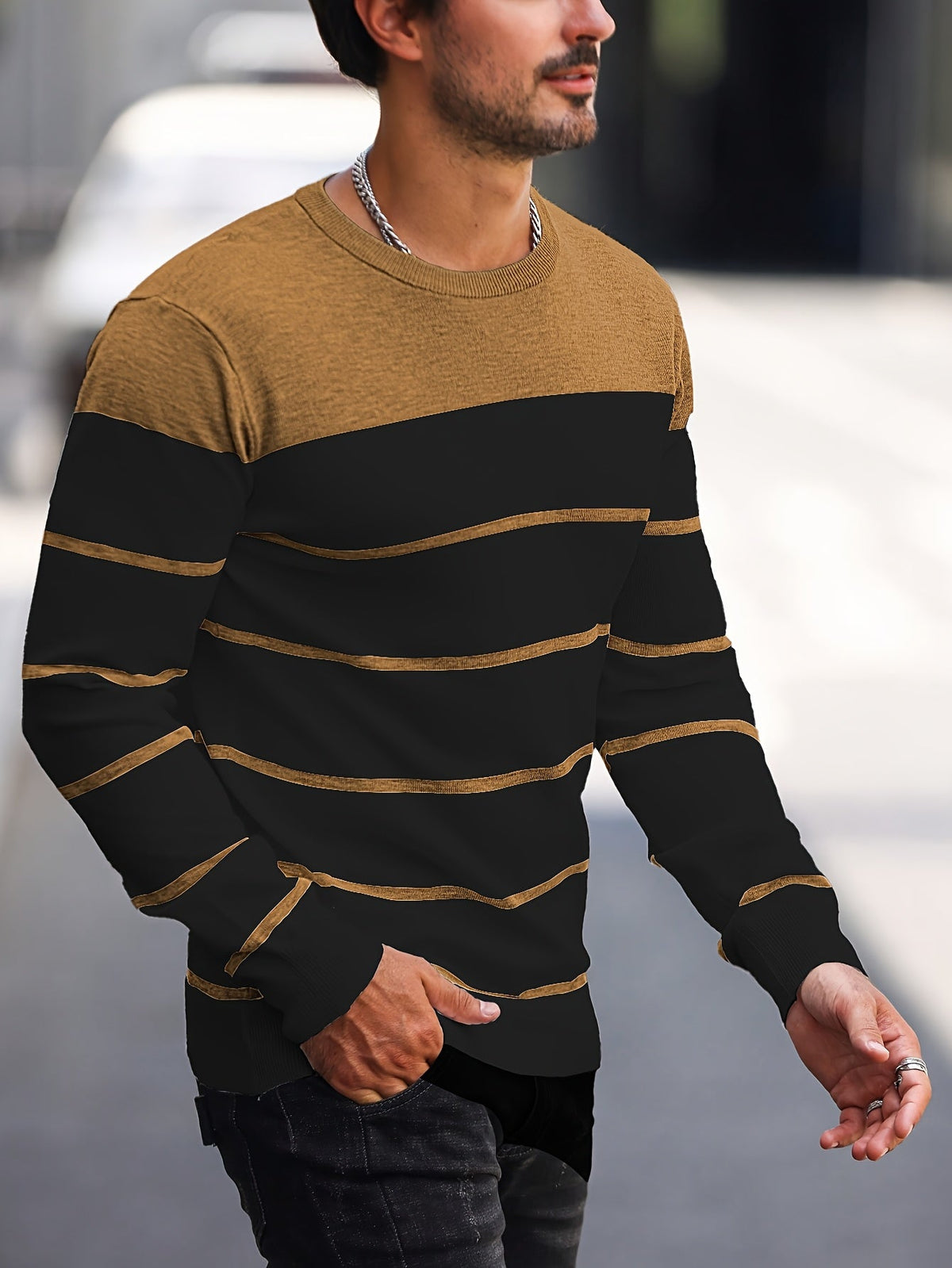 Men's Colour-Block Striped Pullover Sweater Long-Sleeve Casual Everyday