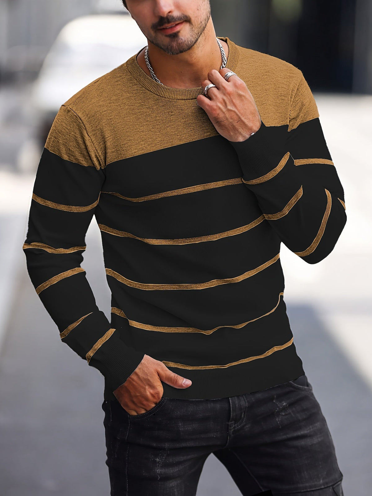 Men's Colour-Block Striped Pullover Sweater Long-Sleeve Casual Everyday