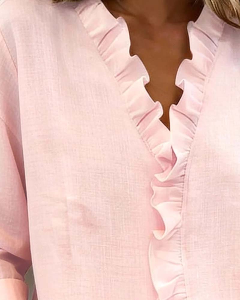 Women's Ruffle V-Neck Blouse Long Sleeve Elegant Spring Style Top