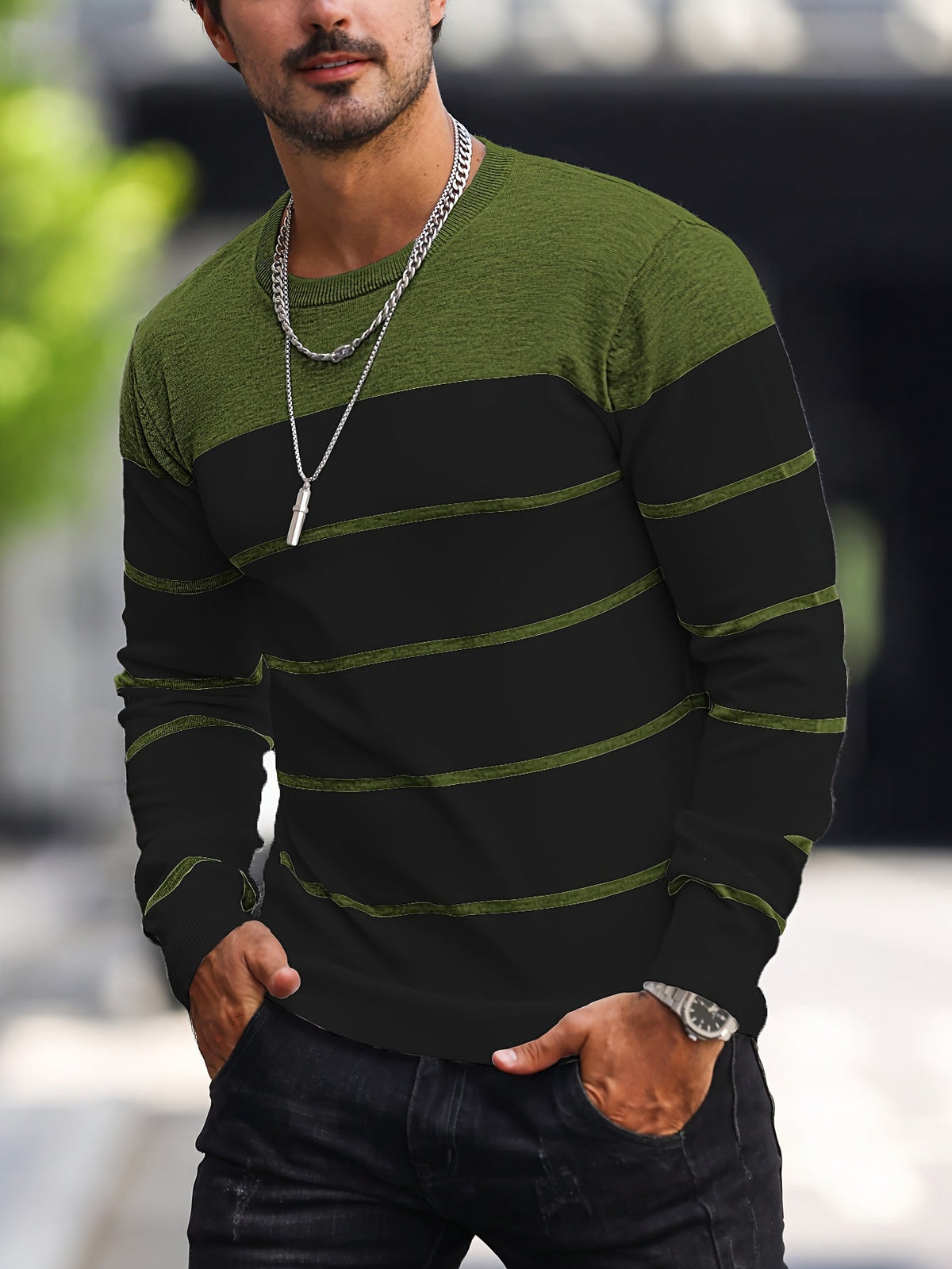 Men's Colour-Block Striped Pullover Sweater Long-Sleeve Casual Everyday