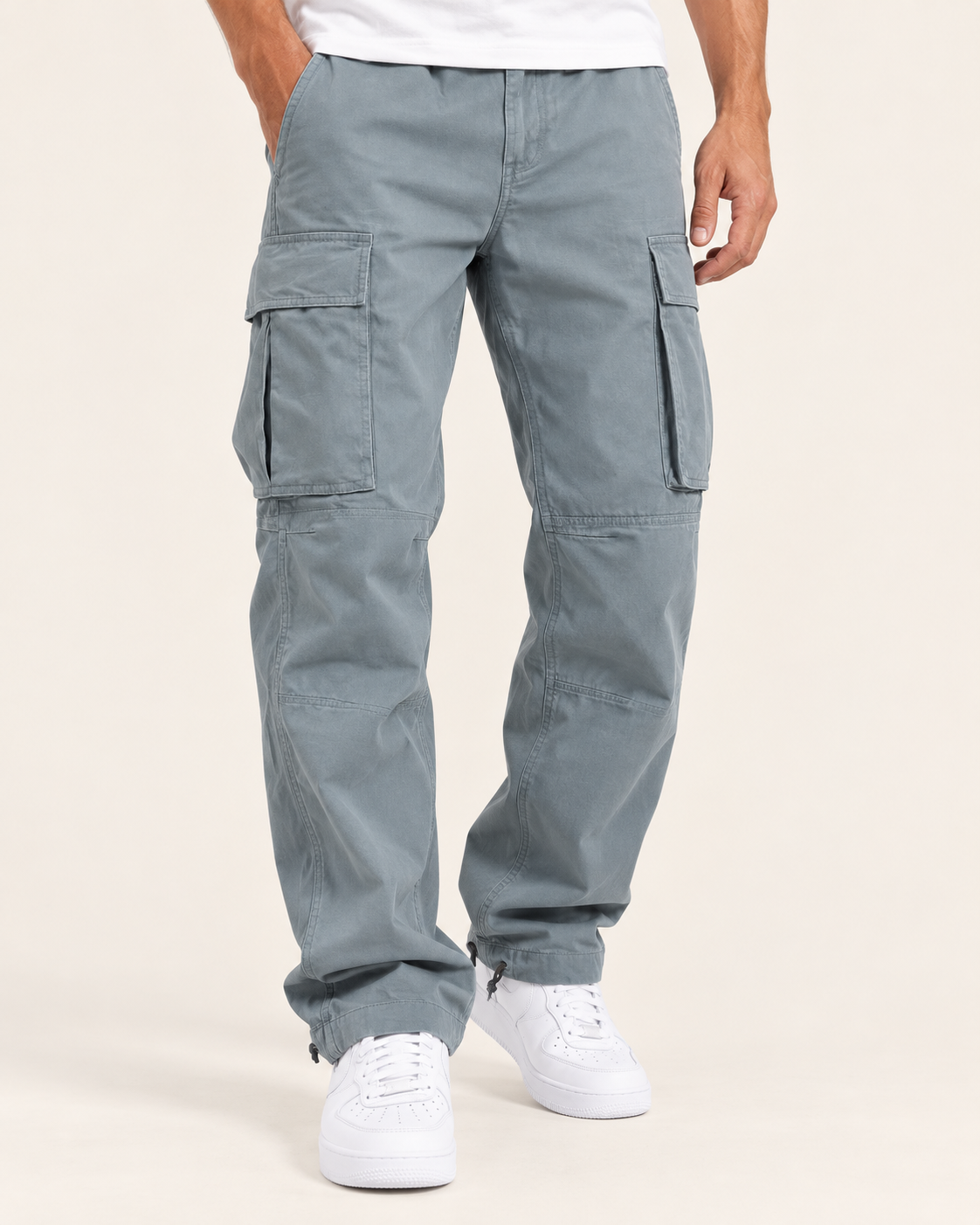 Men's Relaxed Fit Cotton Cargo Trousers with Drawstring Cuffs in Grey