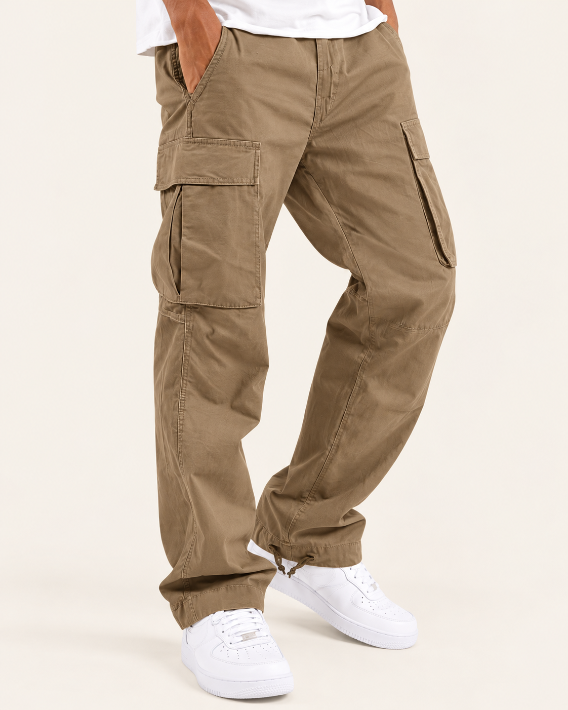 Men's Relaxed Fit Cotton Cargo Trousers with Drawstring Cuffs in Brown