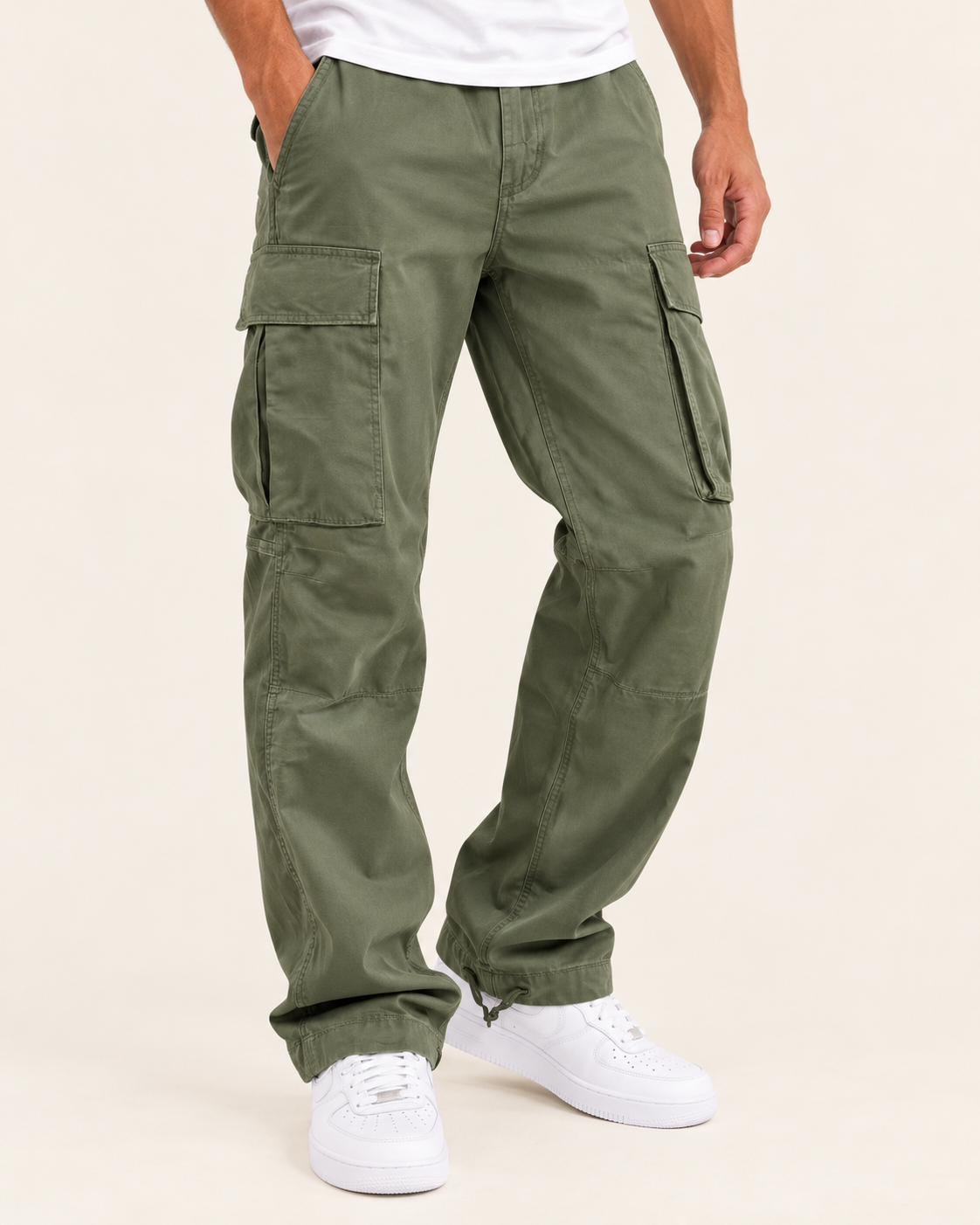 Men's Relaxed Fit Cotton Cargo Trousers with Drawstring Cuffs in Green