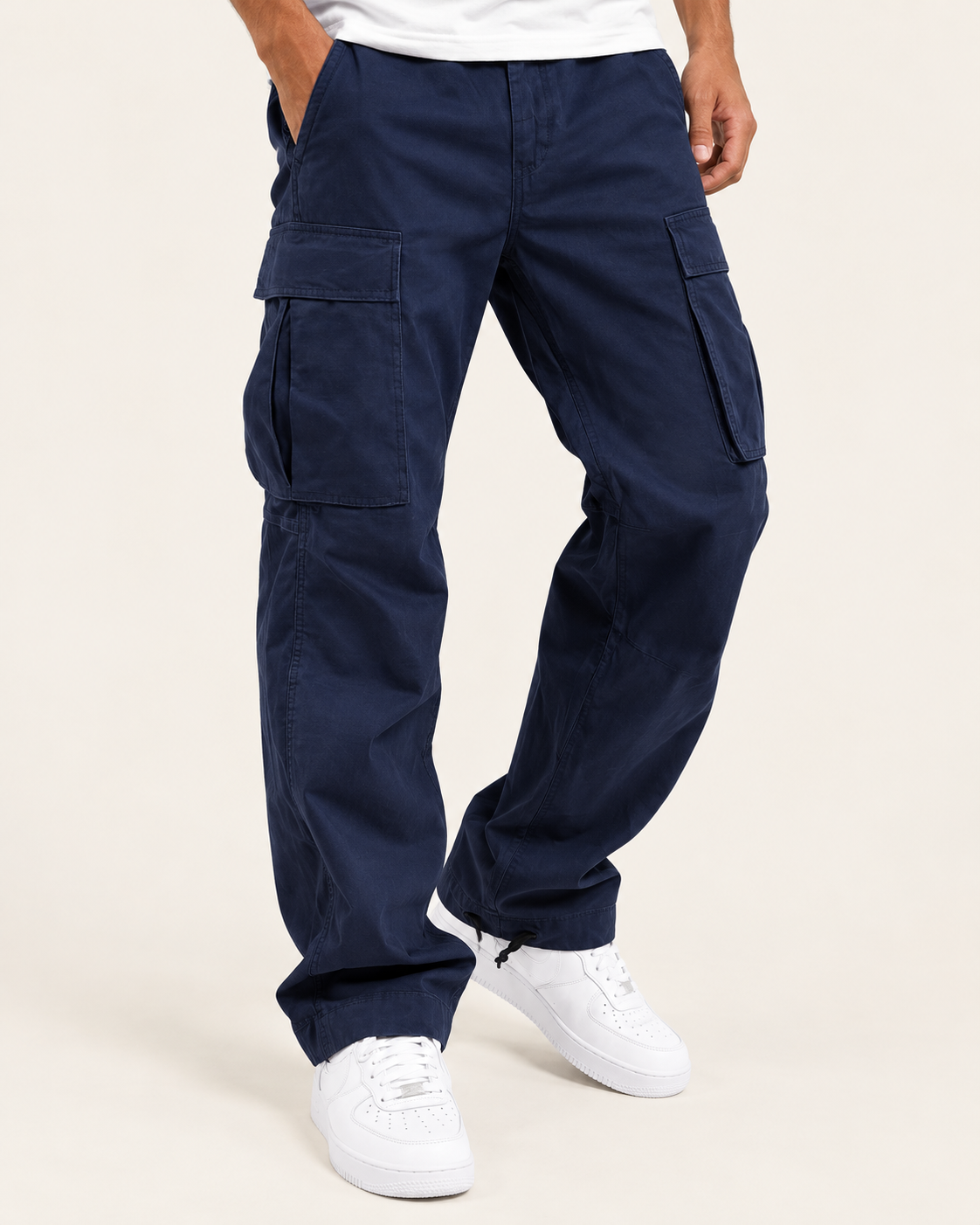 Men's Relaxed Fit Cotton Cargo Trousers with Drawstring Cuffs in Navy Blue