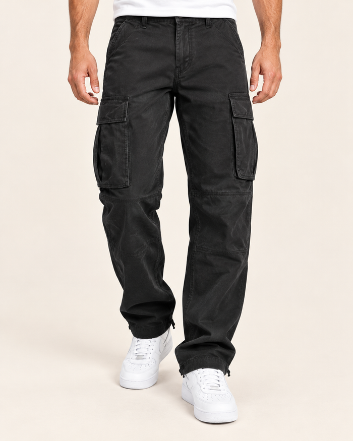 Men's Relaxed Fit Cotton Cargo Trousers with Drawstring Cuffs in Black
