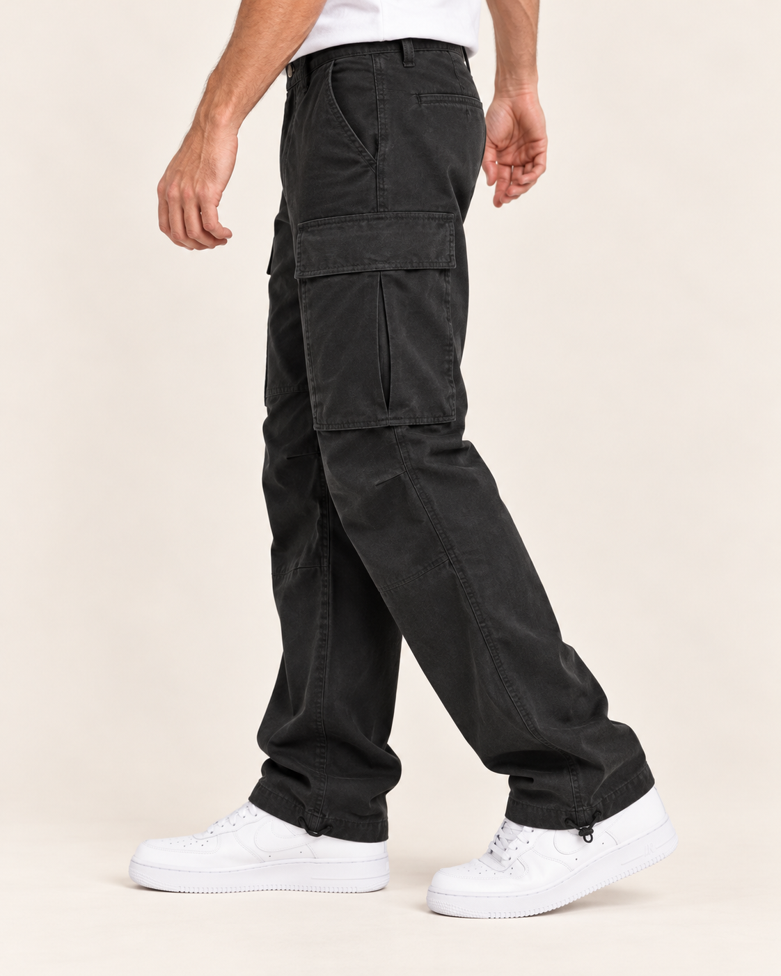 Men's Relaxed Fit Cotton Cargo Trousers with Drawstring Cuffs in Black, side view