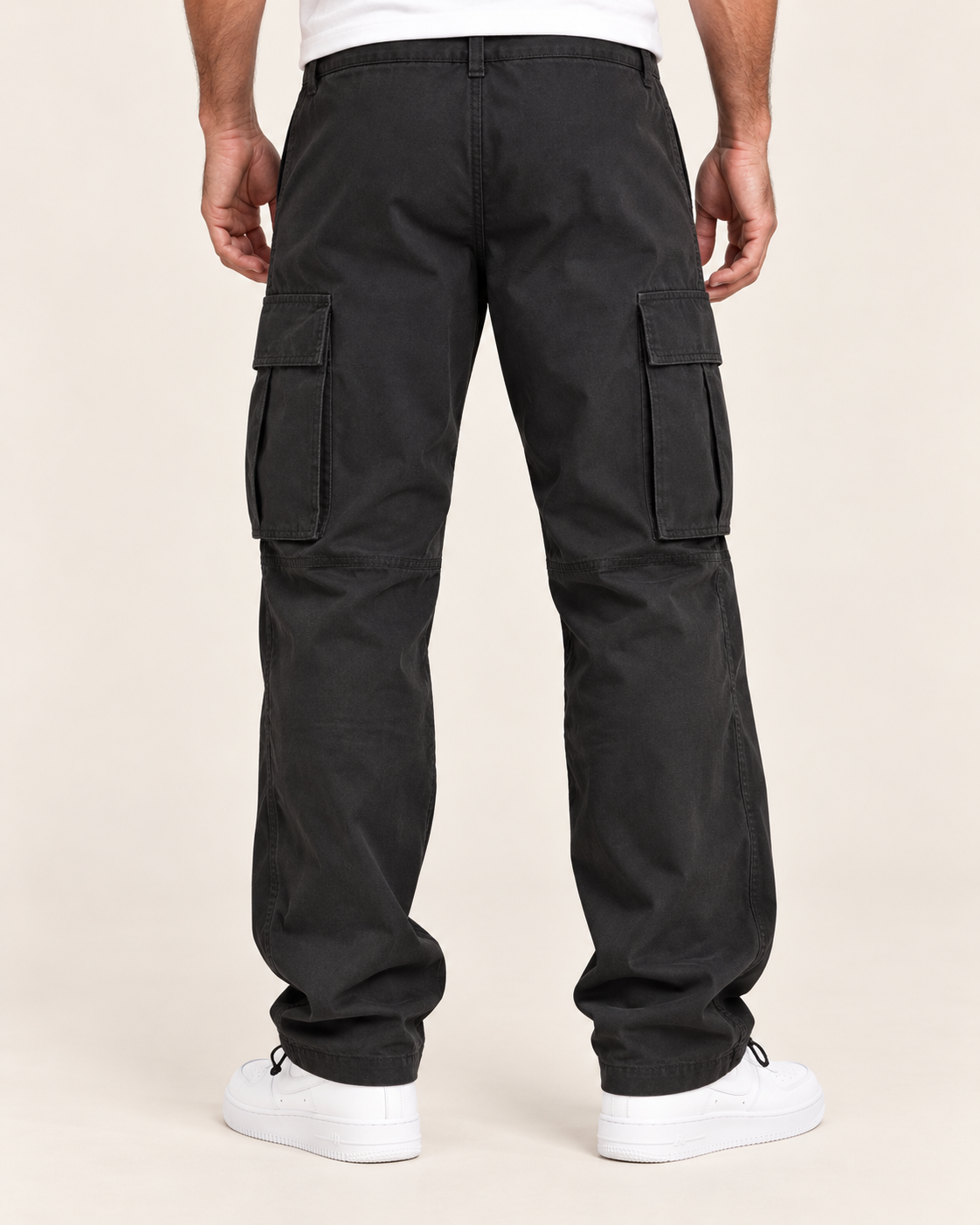 Men's Relaxed Fit Cotton Cargo Trousers with Drawstring Cuffs in Black, back view