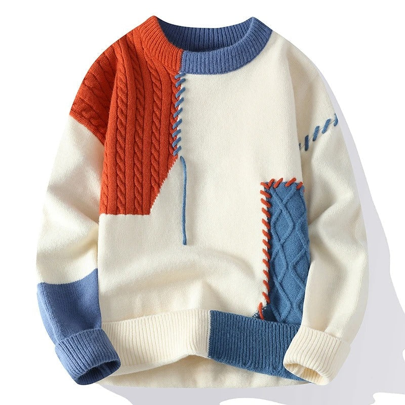 Men's Modern Patchwork Sweater Relaxed Fit Long Sleeve Crew Neck Casual Everyday