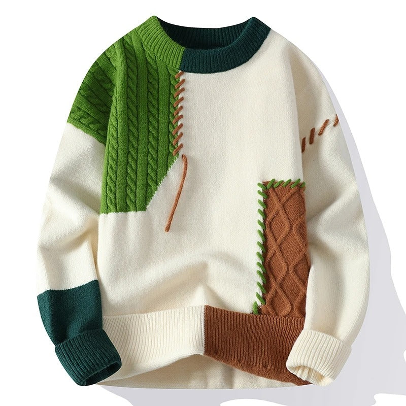 Men's Modern Patchwork Sweater Relaxed Fit Long Sleeve Crew Neck Casual Everyday
