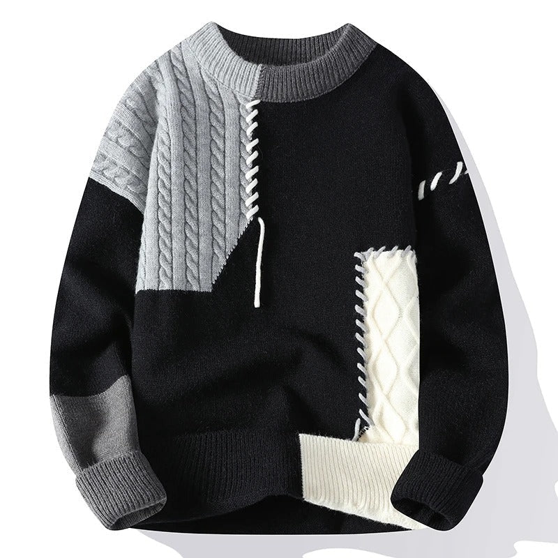Men's Modern Patchwork Sweater Relaxed Fit Long Sleeve Crew Neck Casual Everyday