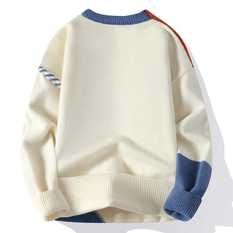 Men's Modern Patchwork Sweater Relaxed Fit Long Sleeve Crew Neck Casual Everyday