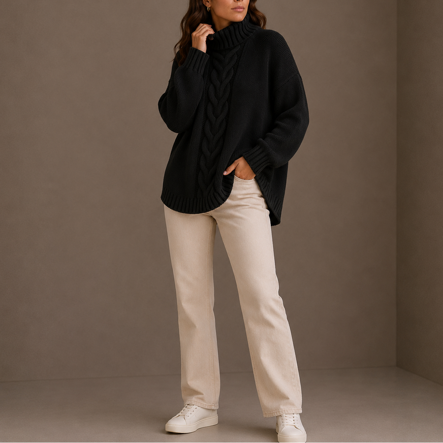 Women's Oversized Cable Knit Turtleneck Sweater Cosy Casual Winter Jumper