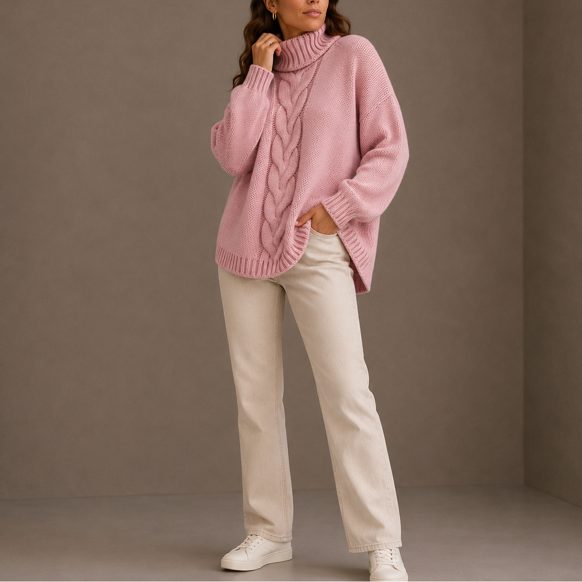 Women's Oversized Cable Knit Turtleneck Sweater Cosy Casual Winter Jumper