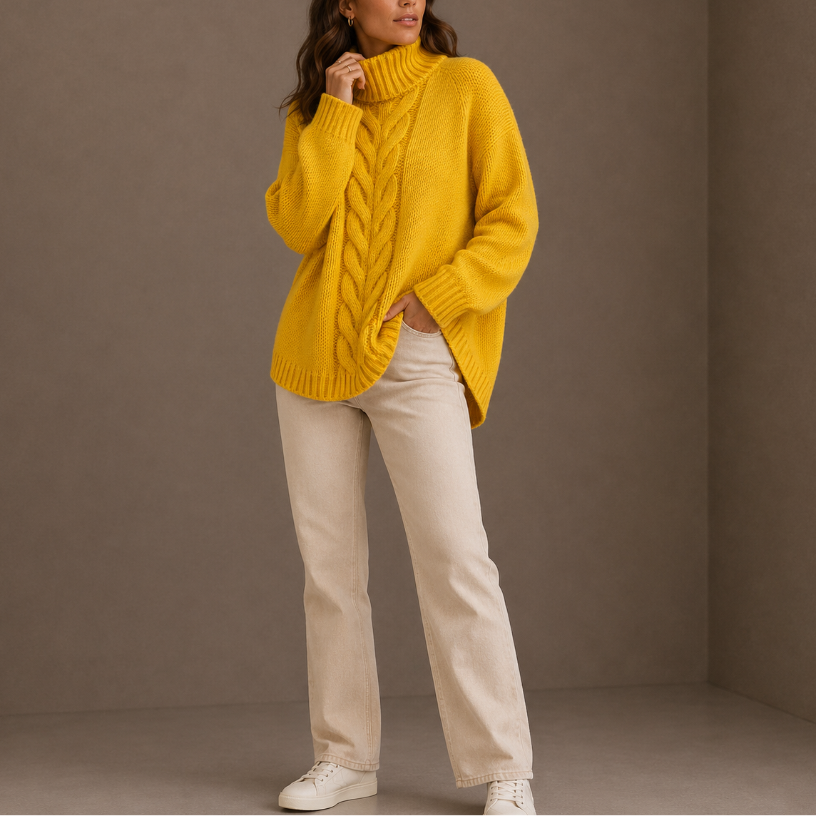 Women's Oversized Cable Knit Turtleneck Sweater Cosy Casual Winter Jumper