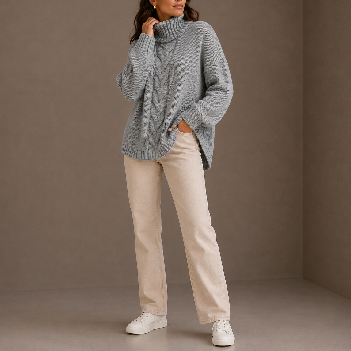 Women's Oversized Cable Knit Turtleneck Sweater Cosy Casual Winter Jumper