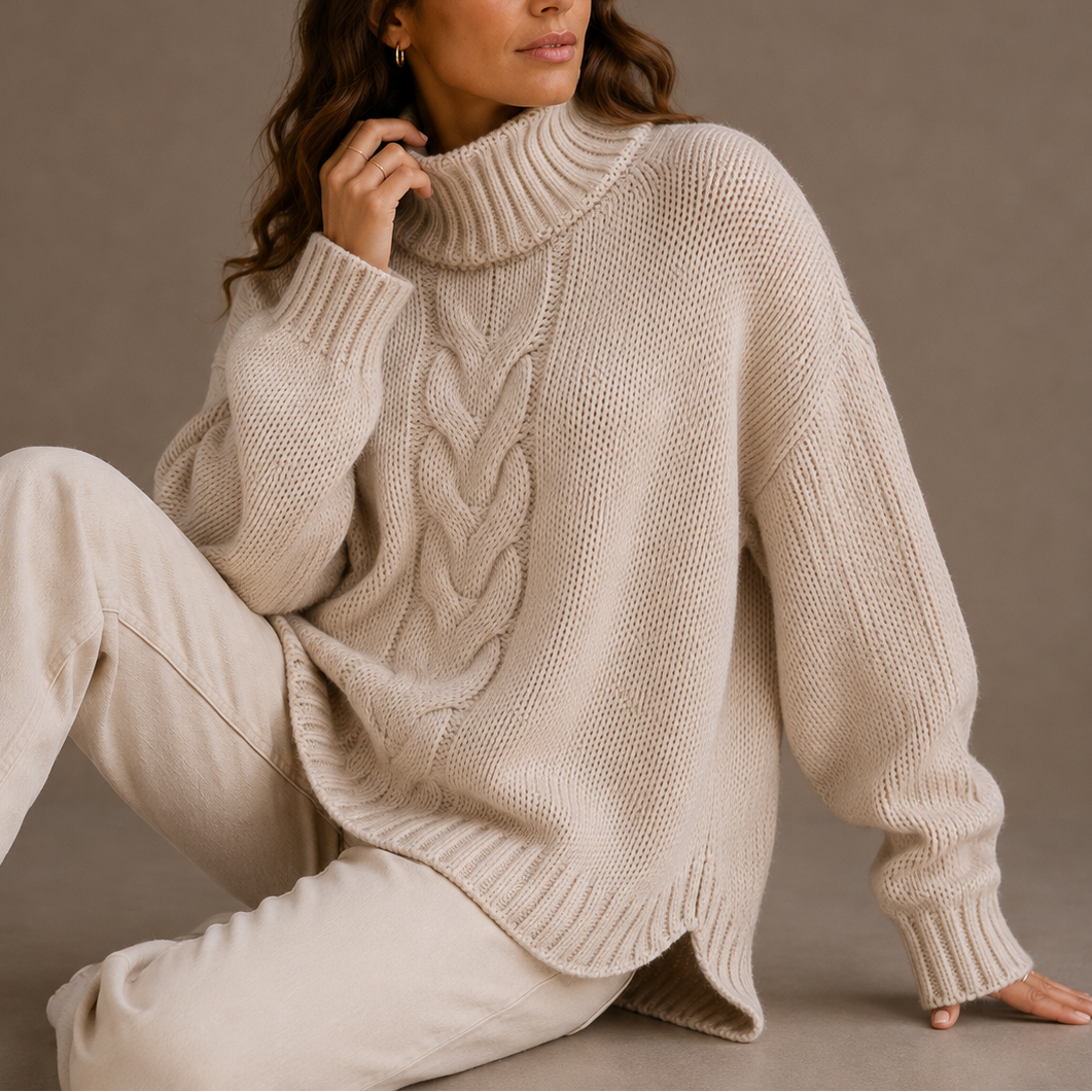 Women's Oversized Cable Knit Turtleneck Sweater Cosy Casual Winter Jumper