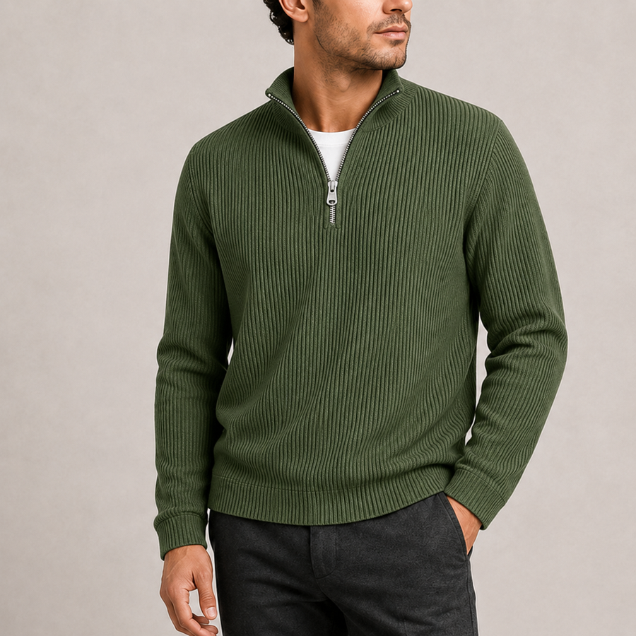 Men's Ribbed Knit Quarter-Zip Sweater Smart Casual Layering Stylish Everyday