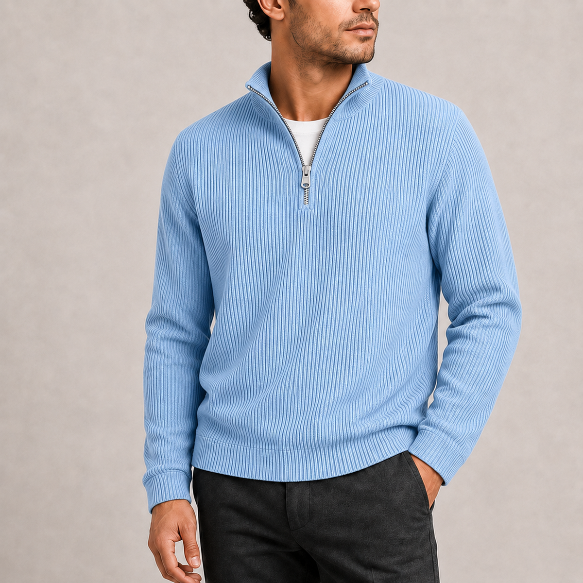 Men's Ribbed Knit Quarter-Zip Sweater Smart Casual Layering Stylish Everyday