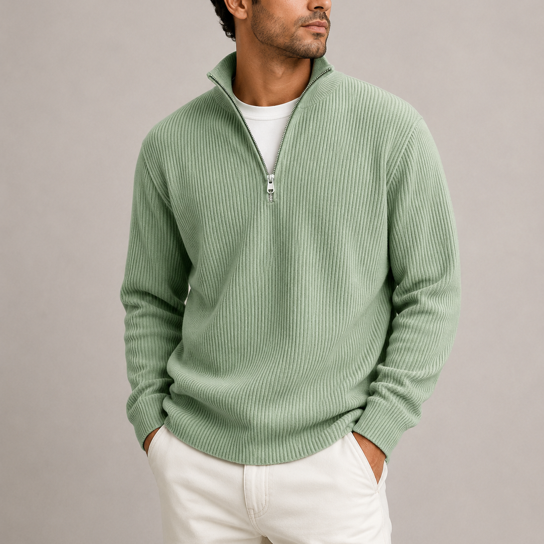 Men's Ribbed Knit Quarter-Zip Sweater Smart Casual Layering Stylish Everyday