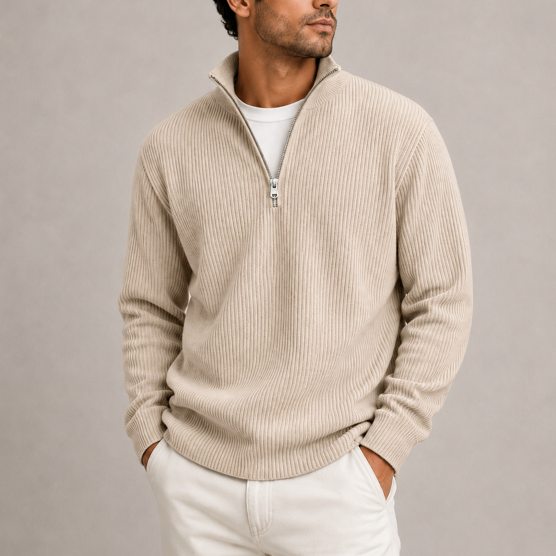 Men's Ribbed Knit Quarter-Zip Sweater Smart Casual Layering Stylish Everyday