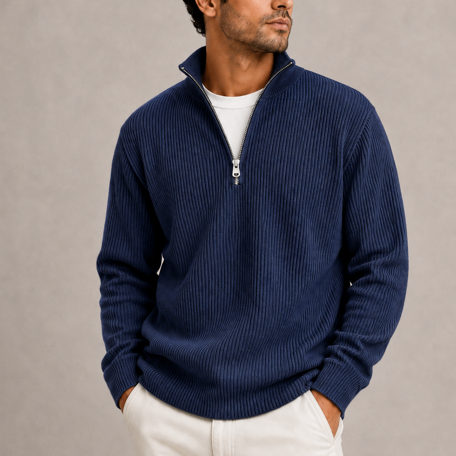 Men's Ribbed Knit Quarter-Zip Sweater Smart Casual Layering Stylish Everyday