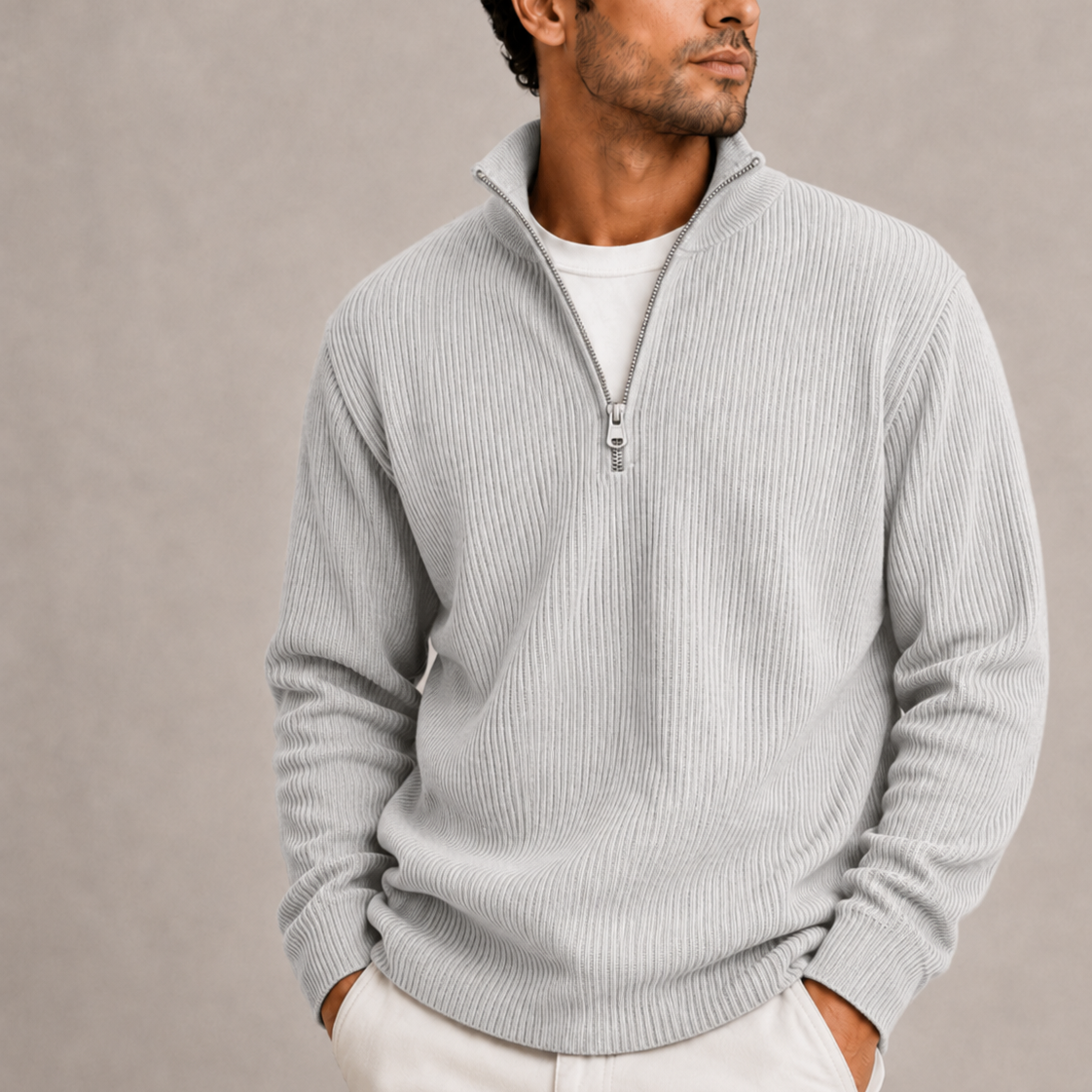 Men's Ribbed Knit Quarter-Zip Sweater Smart Casual Layering Stylish Everyday